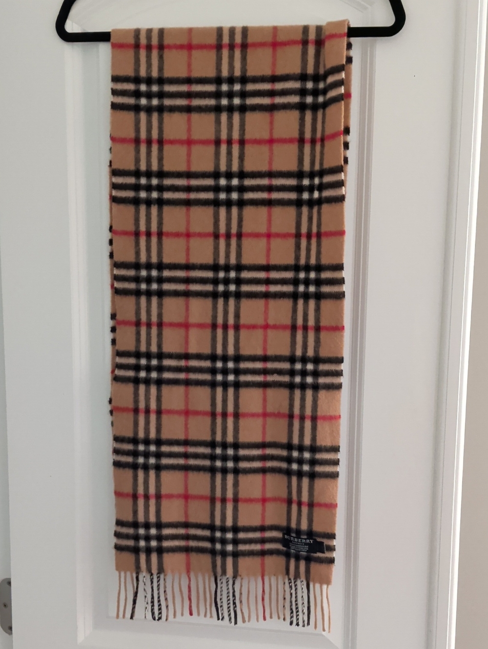 Burberry Camel Plaid Cashmere Scarf with Black Stripes